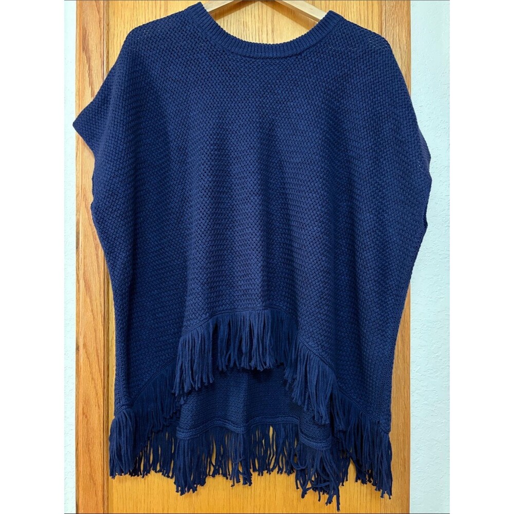 Michael Stars Navy Fringe Knit Poncho Sweater 100% Cotton Open Knit Small